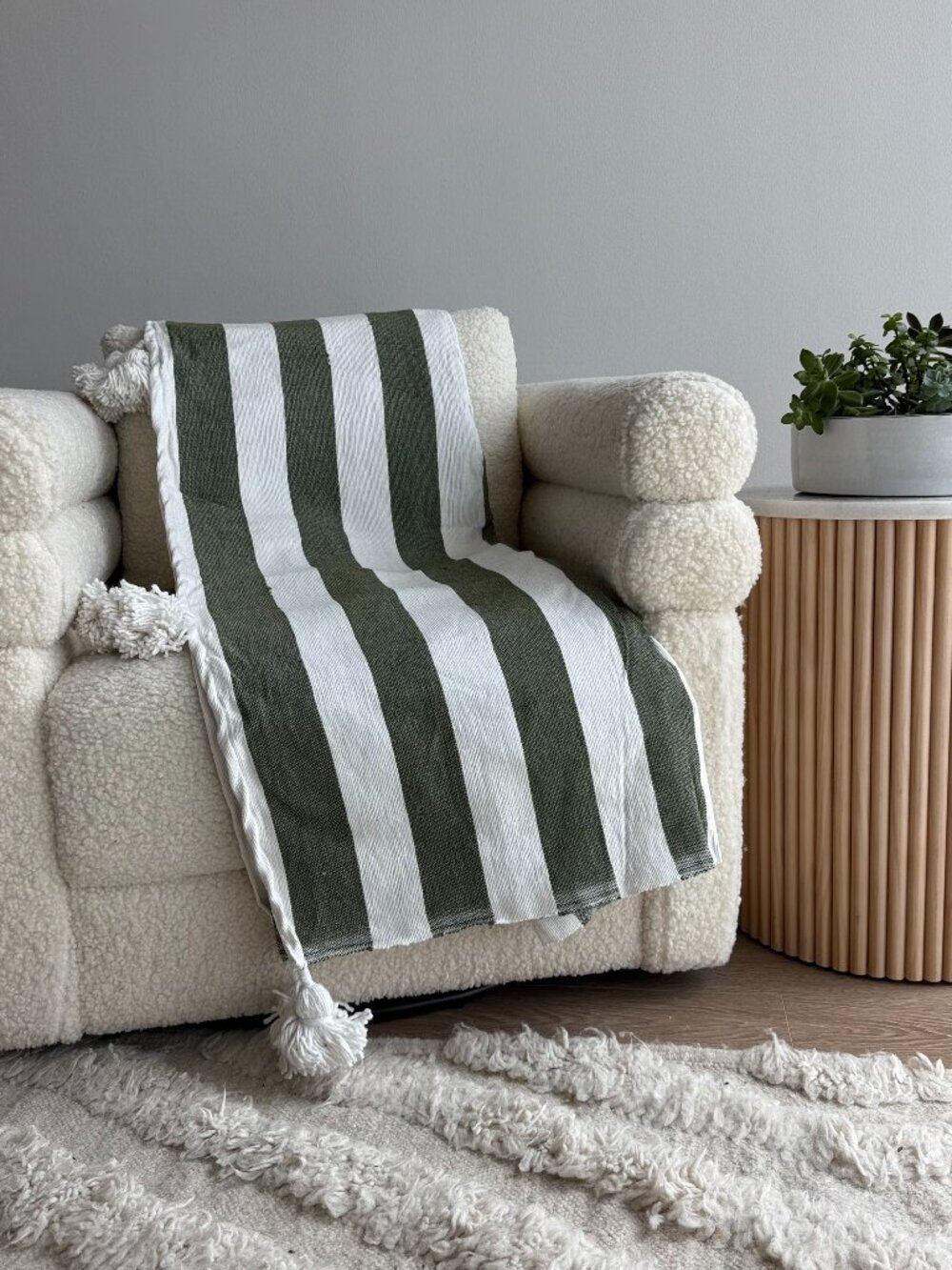 Green and White Striped Throw Blanket with Tassels